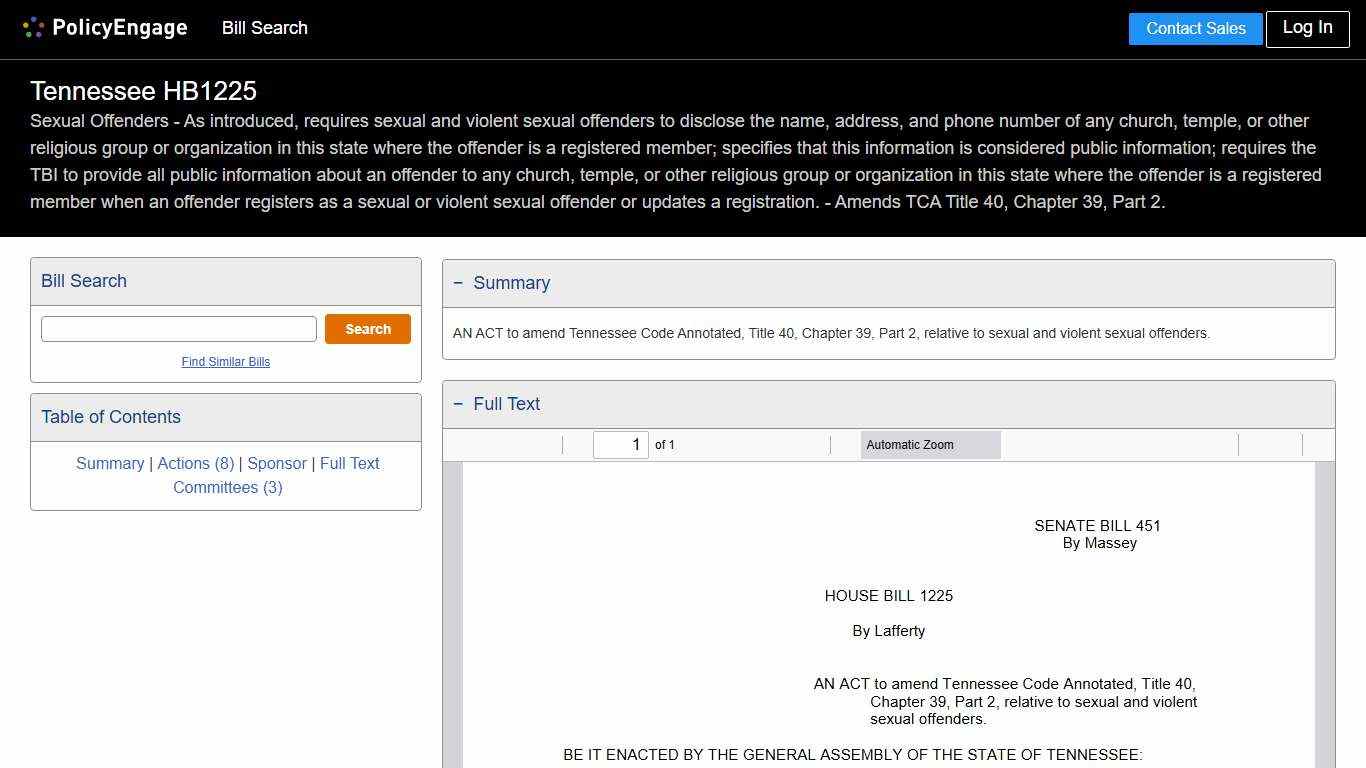 HB1225 Tennessee 2025-2026 Sexual Offenders - As introduced, requires sexual and violent sexual offenders to disclose the name, address, and phone number of any church, temple, or other religious group or organization in this state where the offender is a registered member; specifies that this information is considered public information; requires the TBI to provide all public information about an offender to any church, temple, or other religious group or organization in this state where the of